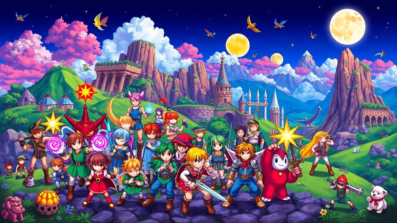 SNES RPG characters and fantasy landscapes collage.