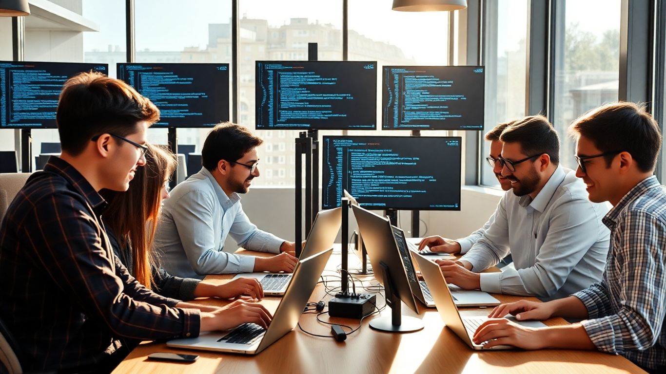 Equipo de profesionales de IT trabajando juntos en oficina.