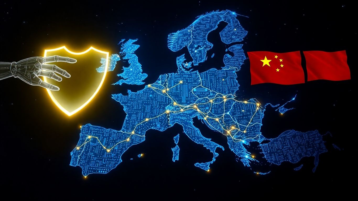 AI-themed map of Europe with digital shield