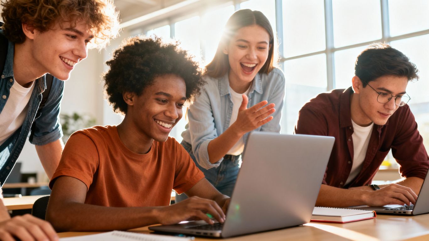 Students engaged in an online class on laptops.
