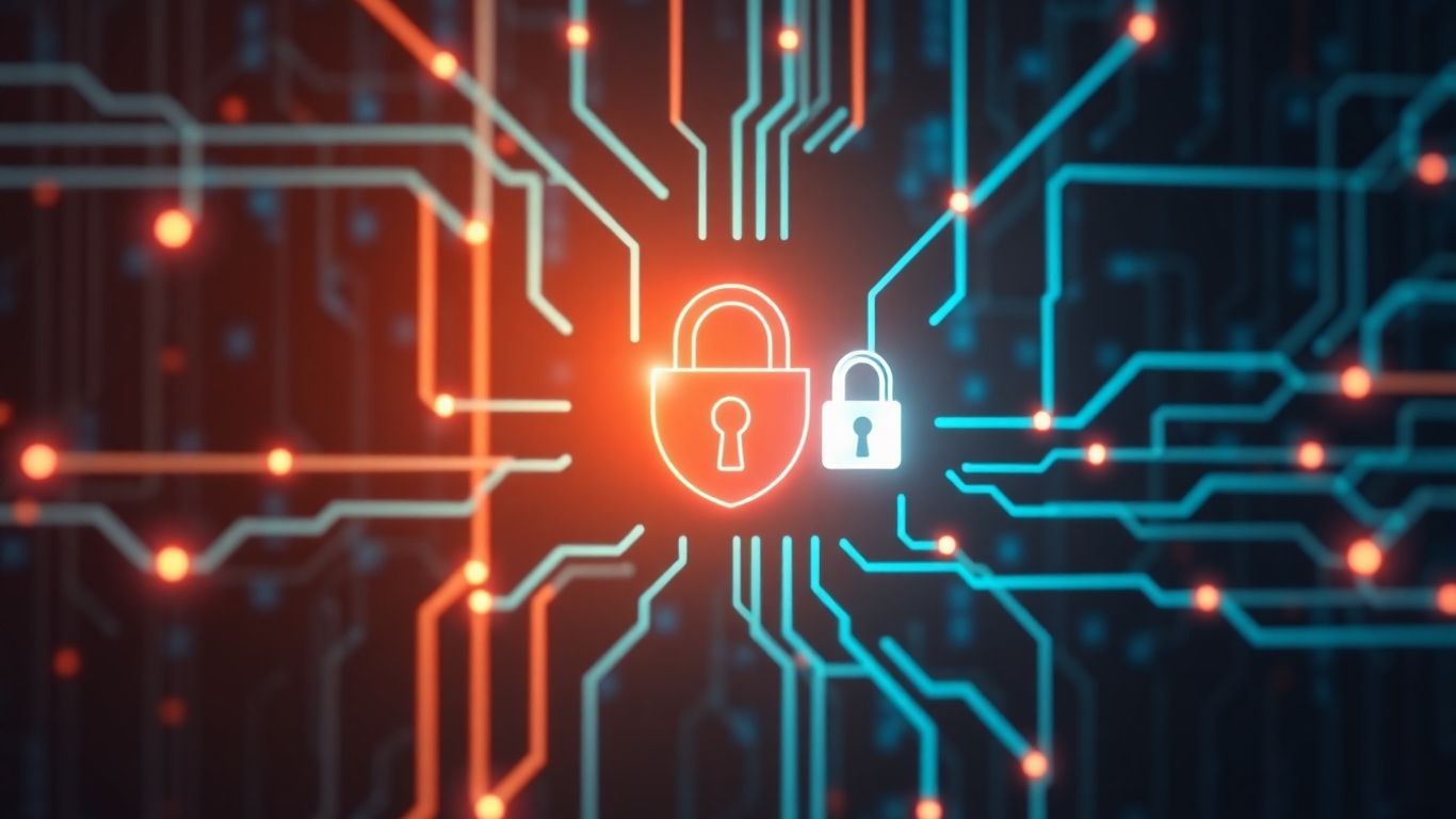 Secure digital gateway with glowing data streams and padlocks.