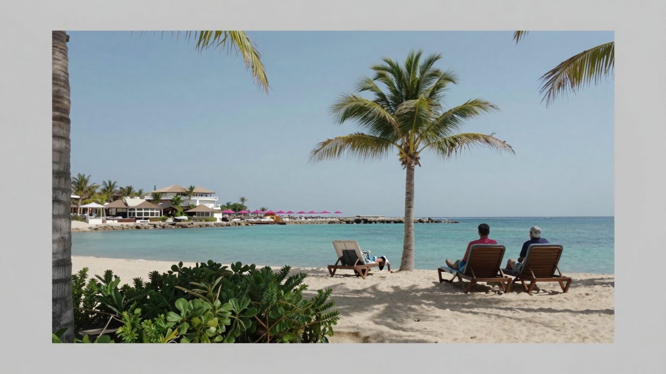 Couple relaxing on a sunny beach with palm trees.