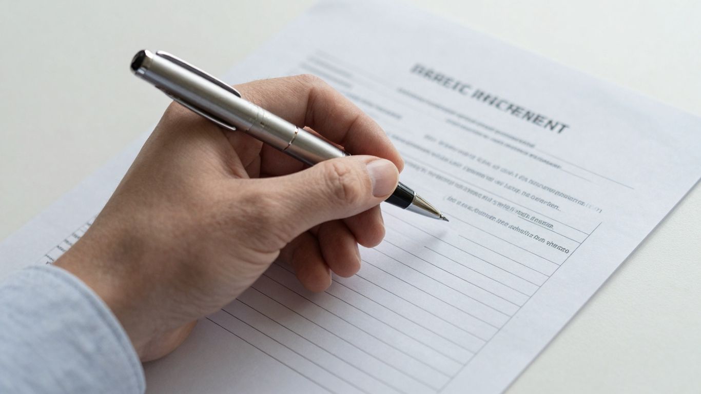 Hand with pen over a split sheet document.