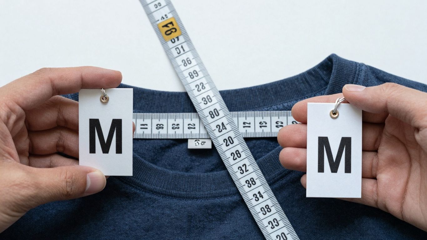 Asian M vs US M clothing sizes with measuring tape.