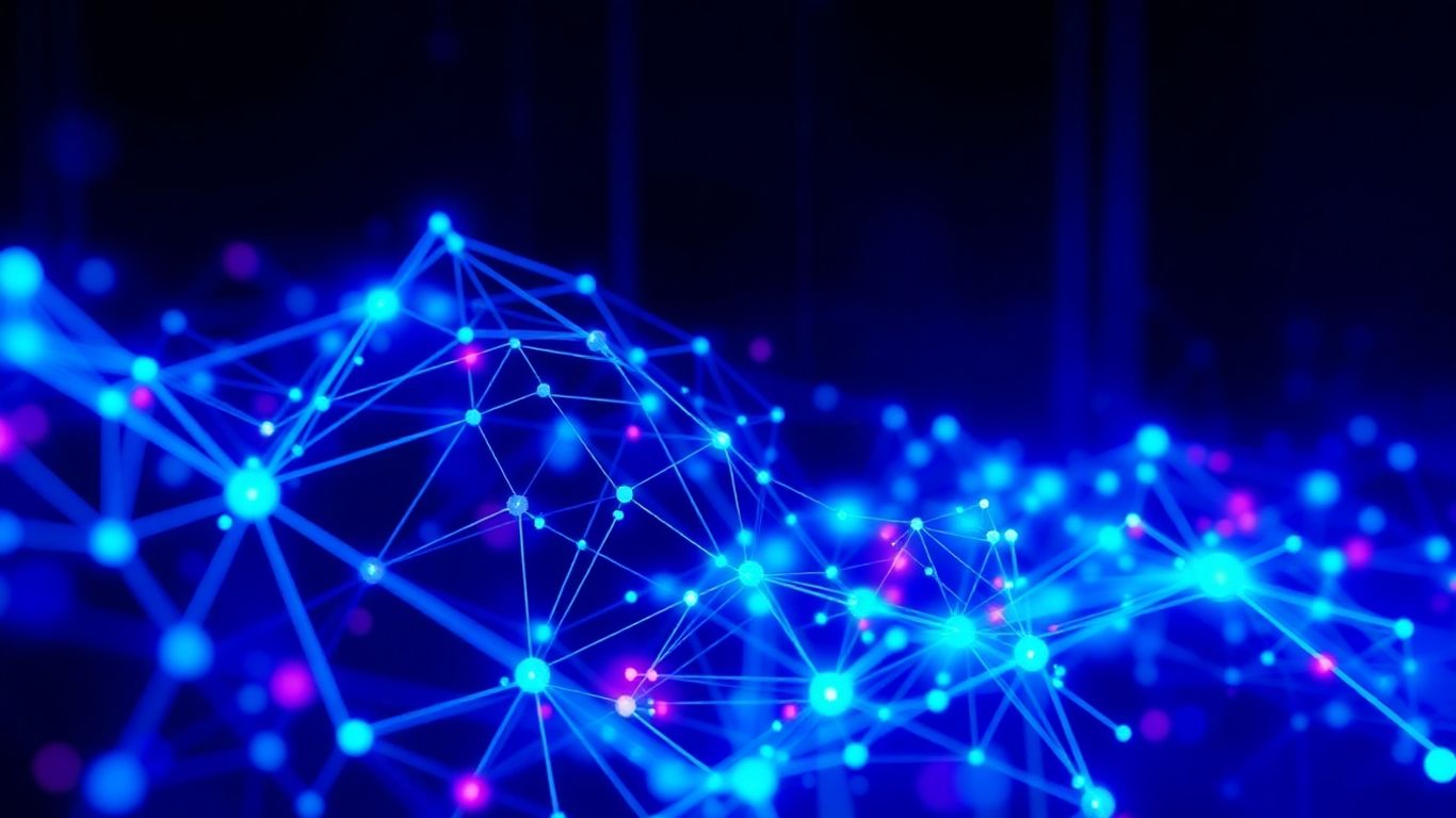 Abstract infographic of interconnected nodes and data streams.