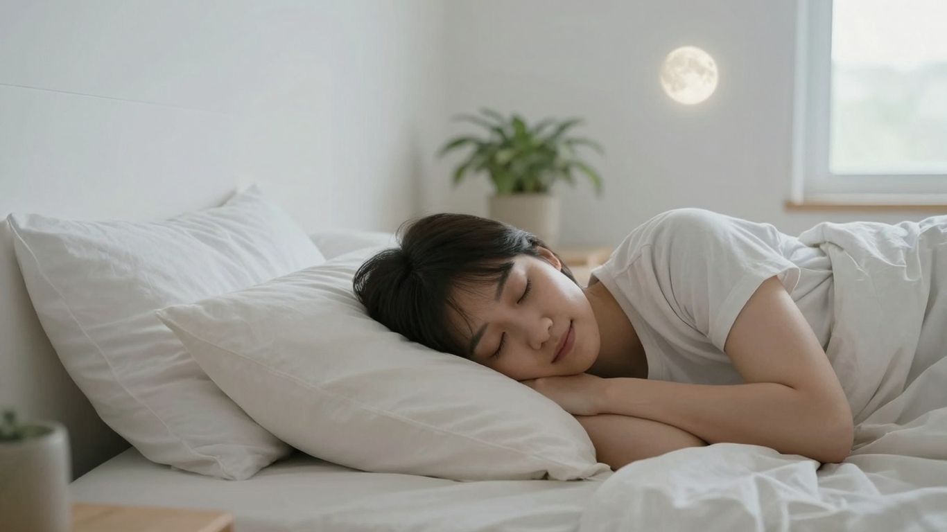 Eine Person schläft friedlich in einem ruhigen Schlafzimmer.