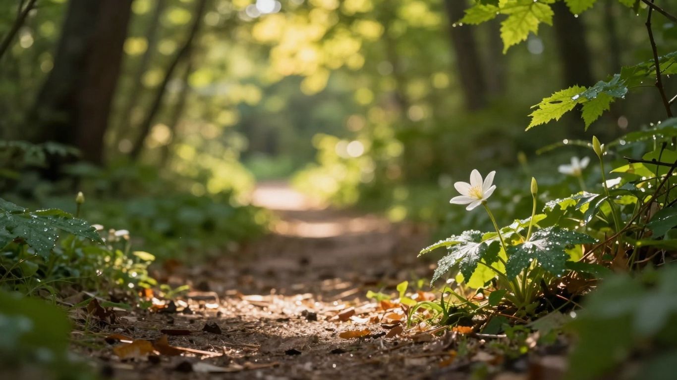 Zonnig pad in een bos met bloeiende bloem.