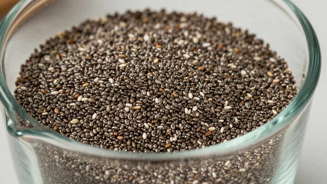 1/4 cup of chia seeds in a glass measuring cup.