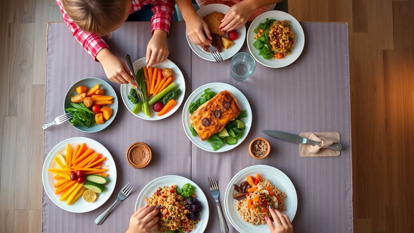 Family enjoying a healthy and delicious supper with colorful food.