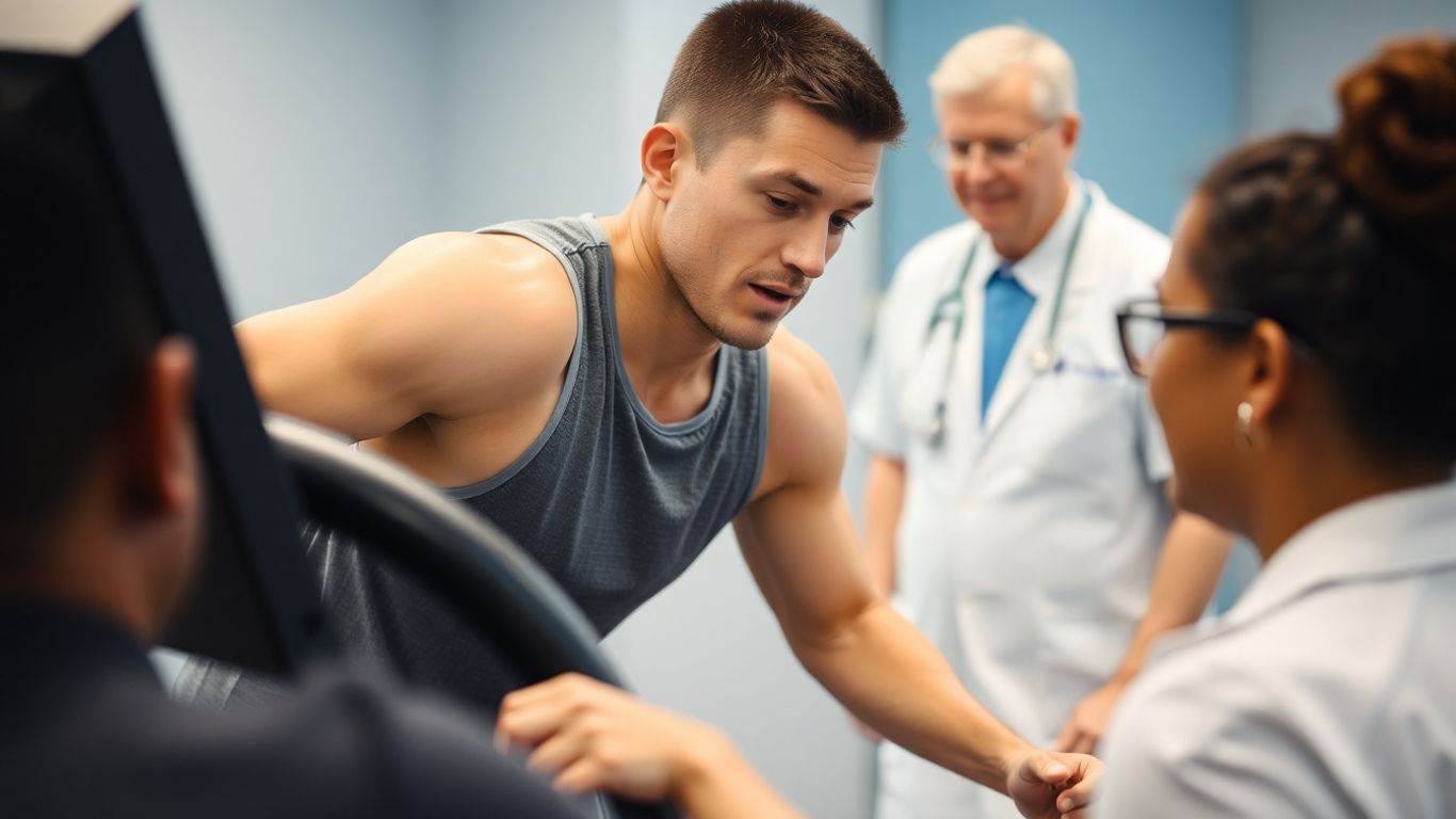 Sportiv evaluat medical în timpul unui test de efort.