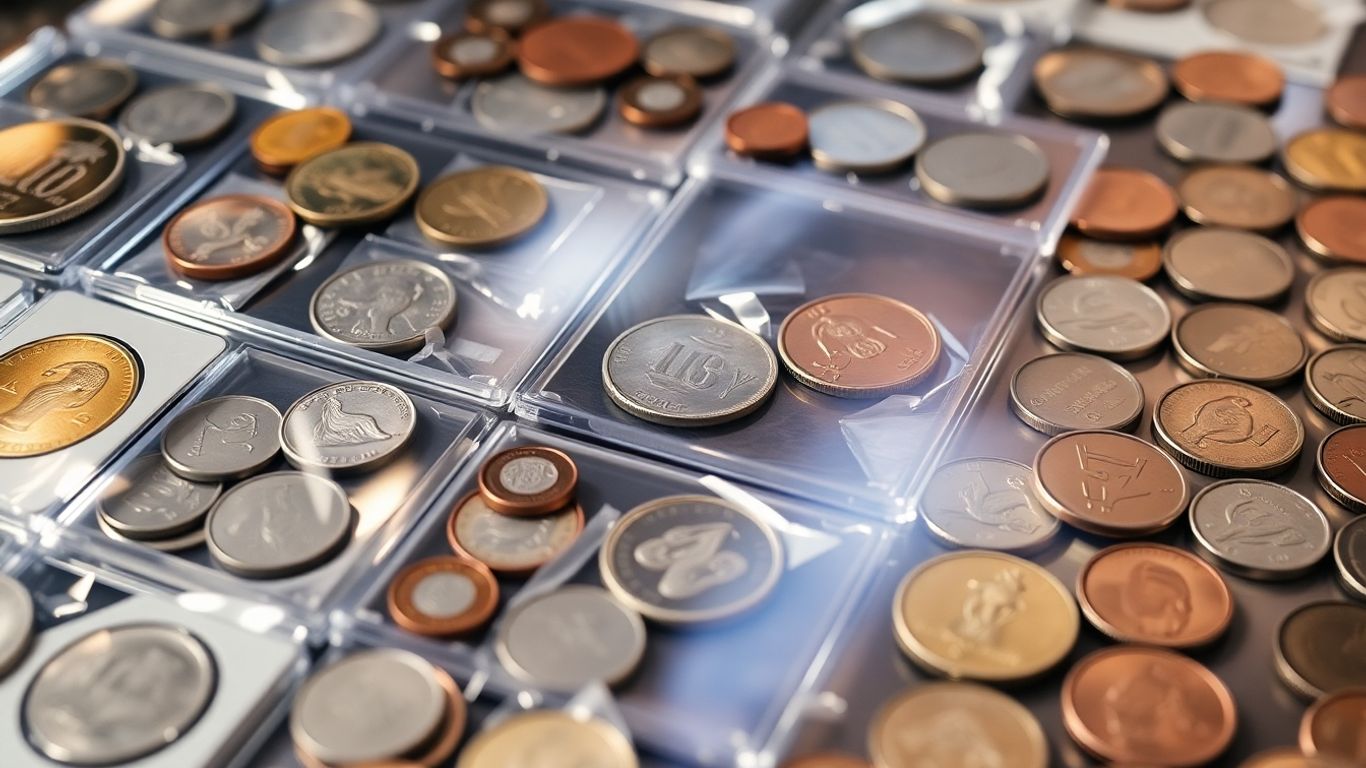Organized coin collection in display cases.