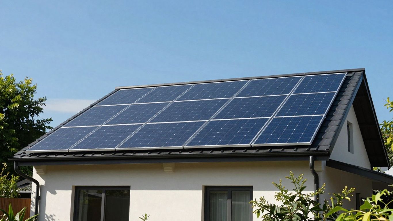 Solar panel on a sunny house roof.