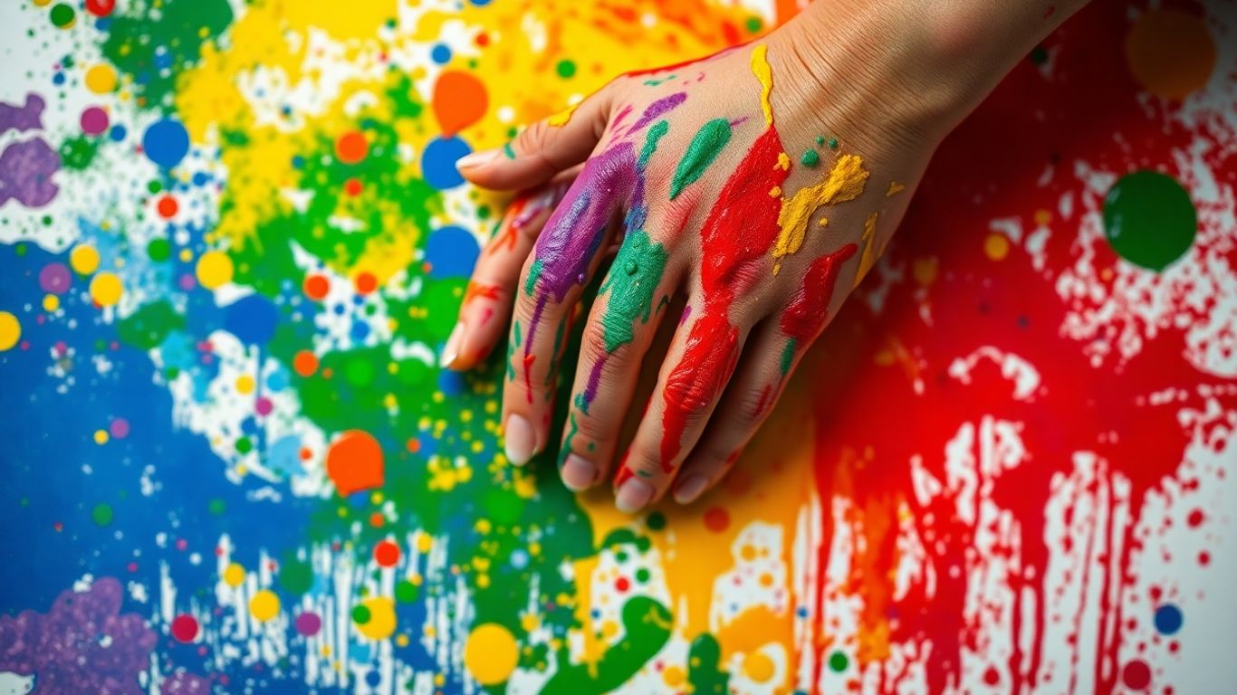 Hands covered in colorful paint creating art on canvas.