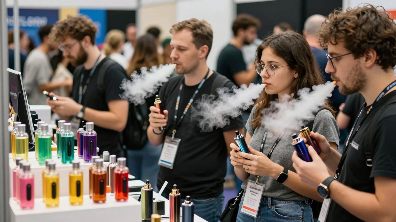 Menschen auf einer Vape-Messe mit Dampfgeräten.