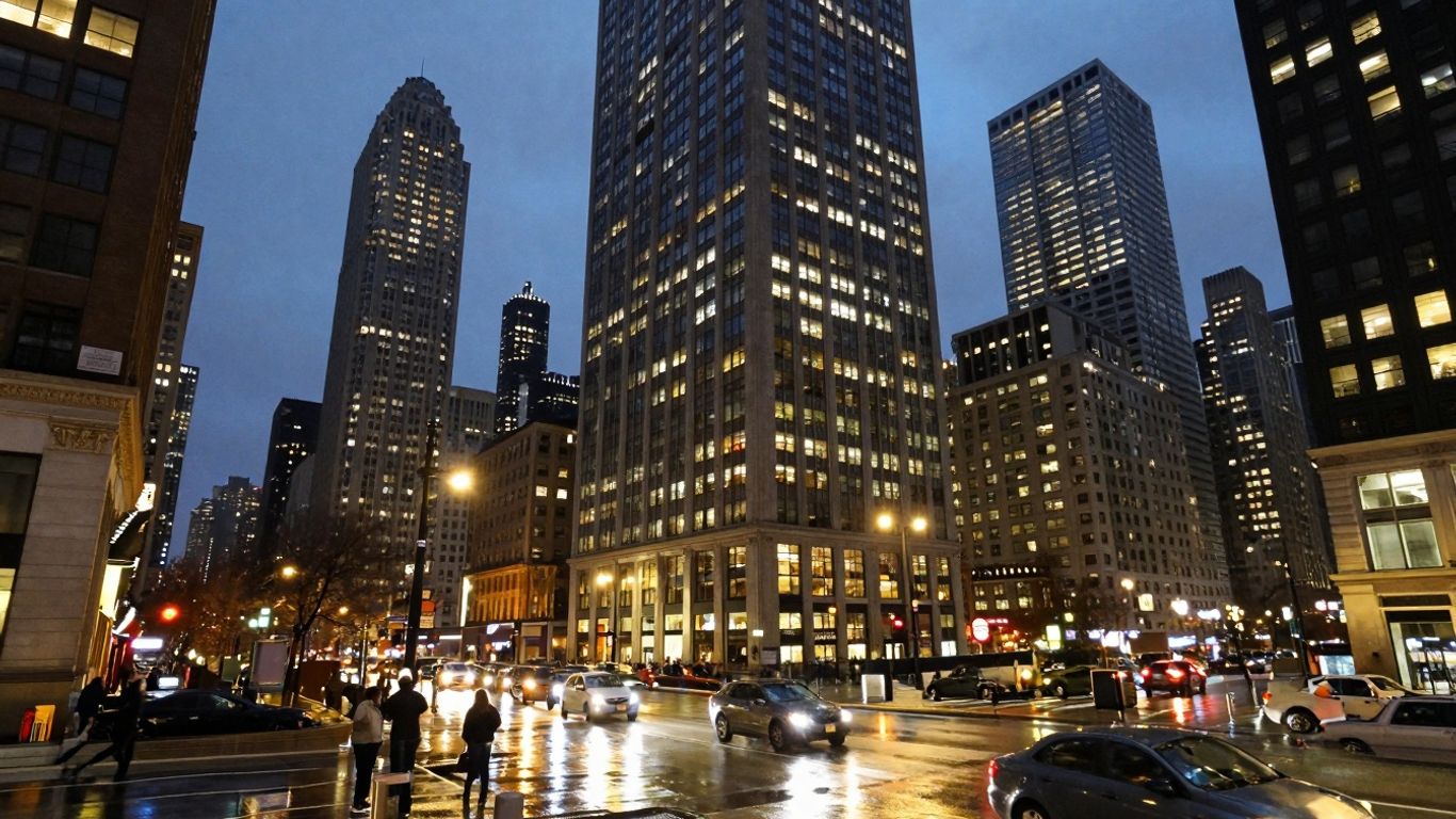 Chicago skyline at dusk with busy streets below.