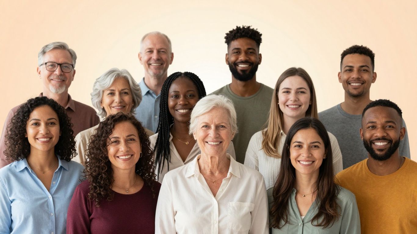 Diverse group of people smiling, representing security.