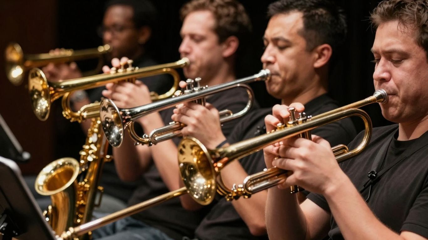 Blechbläser einer Jazzband spielen ihre Instrumente.
