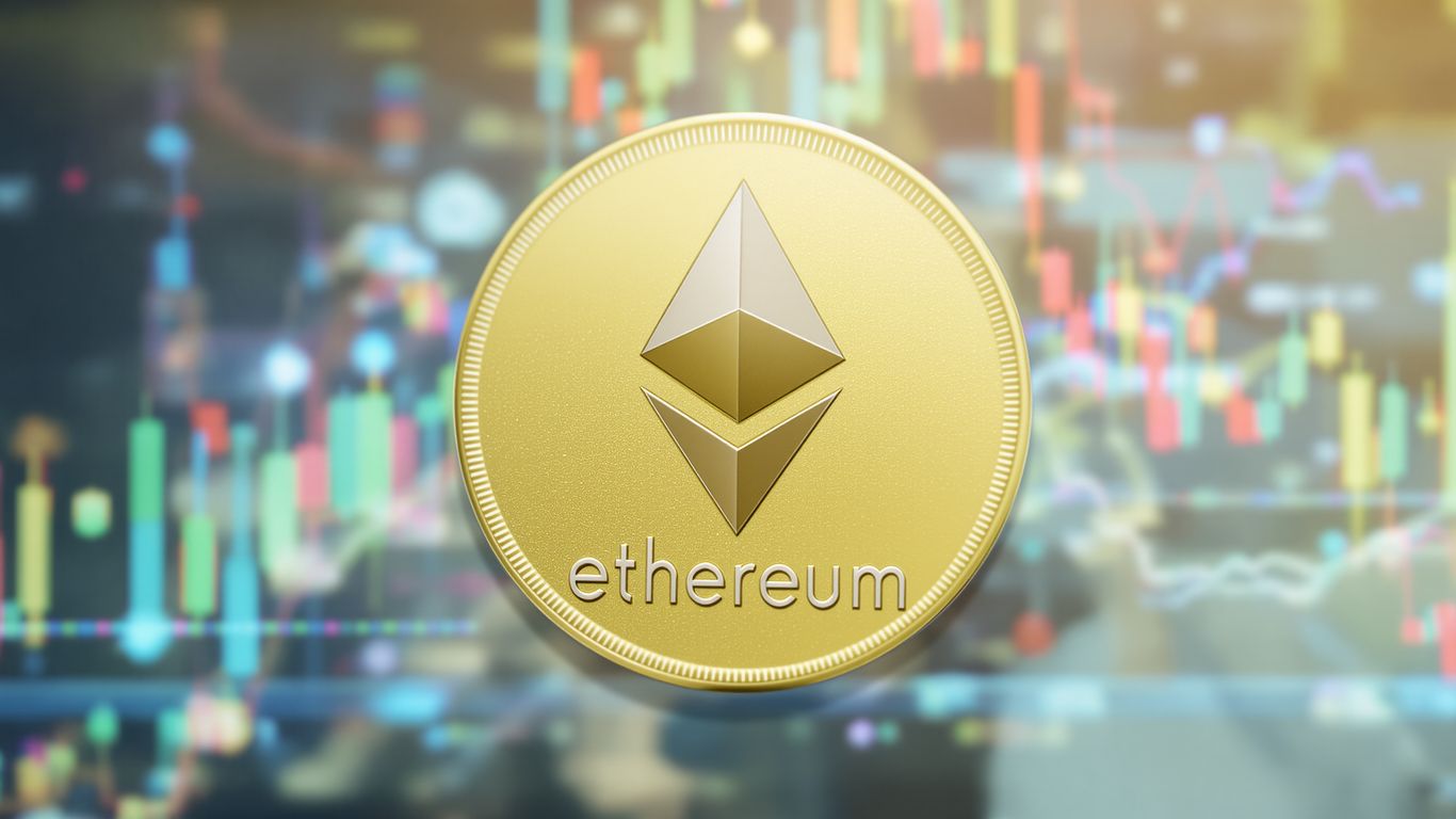 Ethereum coin with a downward trend arrow.