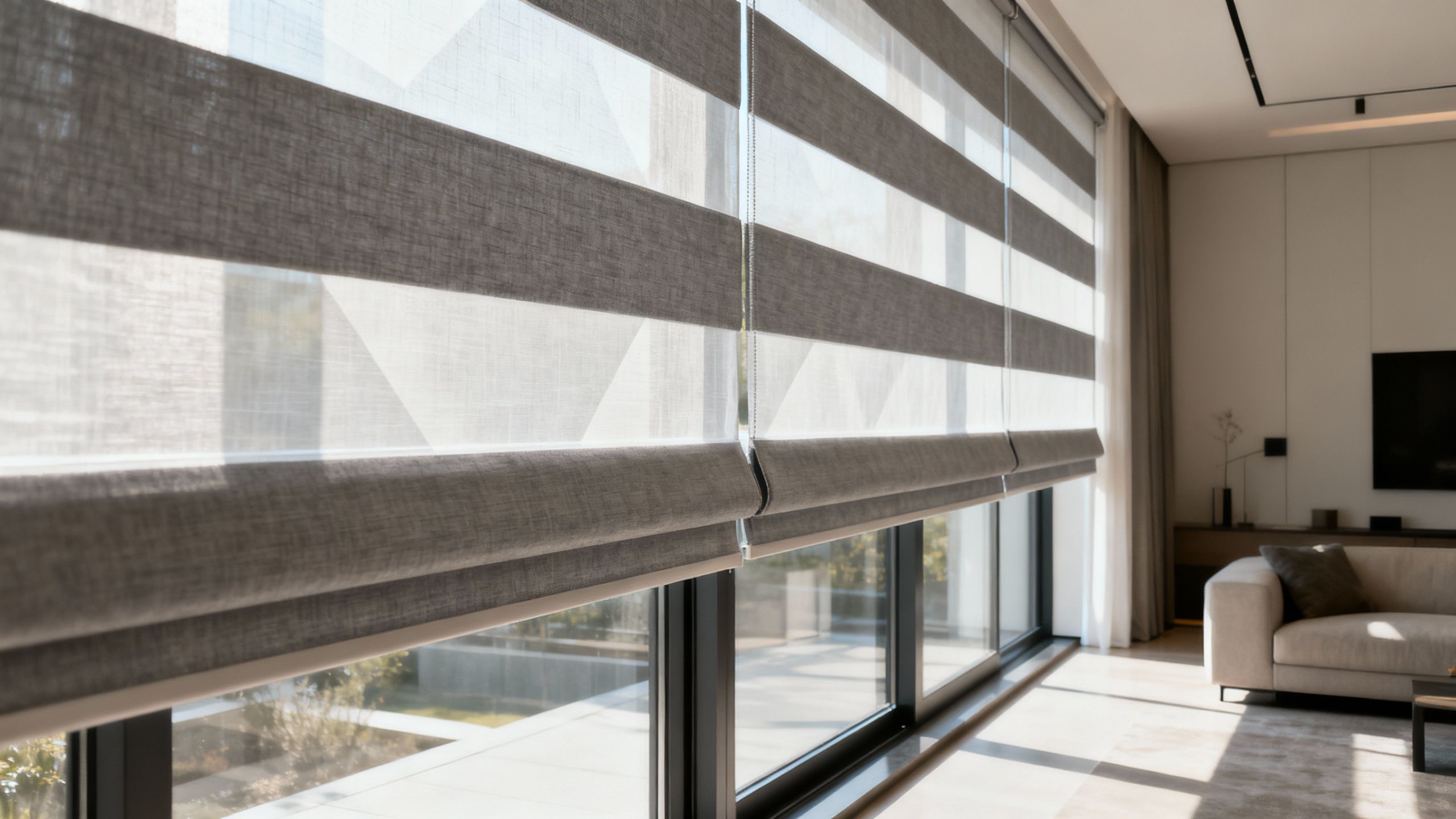 Close-up of banded shades with alternating sheer and solid fabric bands.