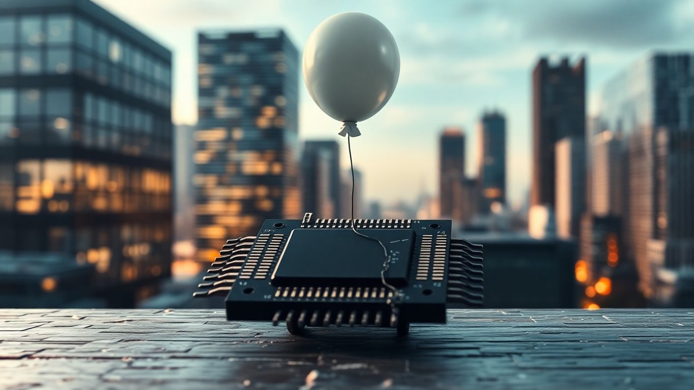 Silicon Valley skyline with a deflated balloon.
