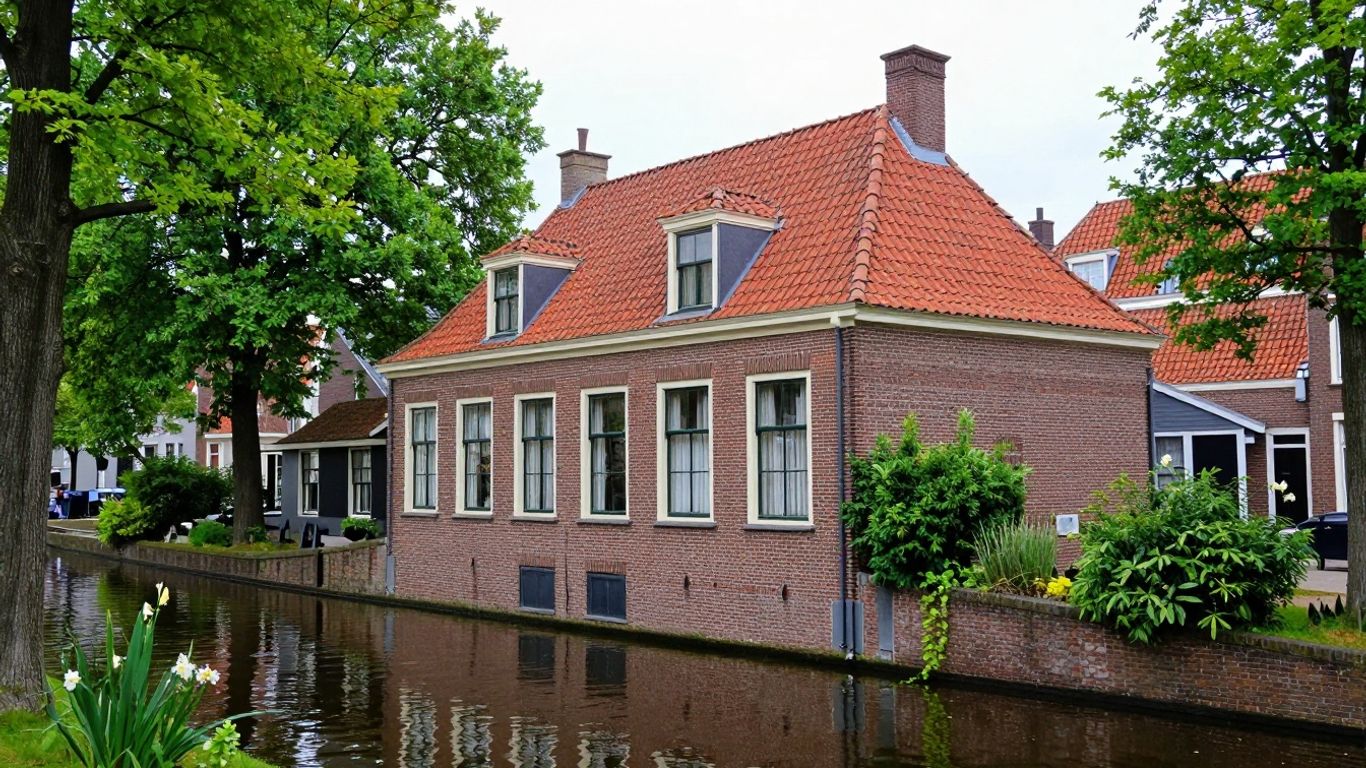 Charming canal house in Haarlem with red roof.