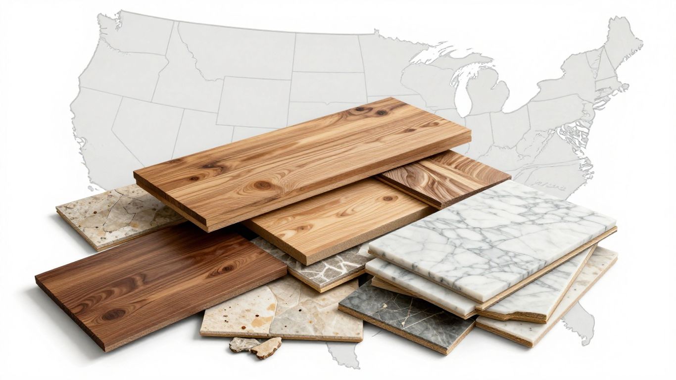 Various surface materials stacked, with a map of the USA.