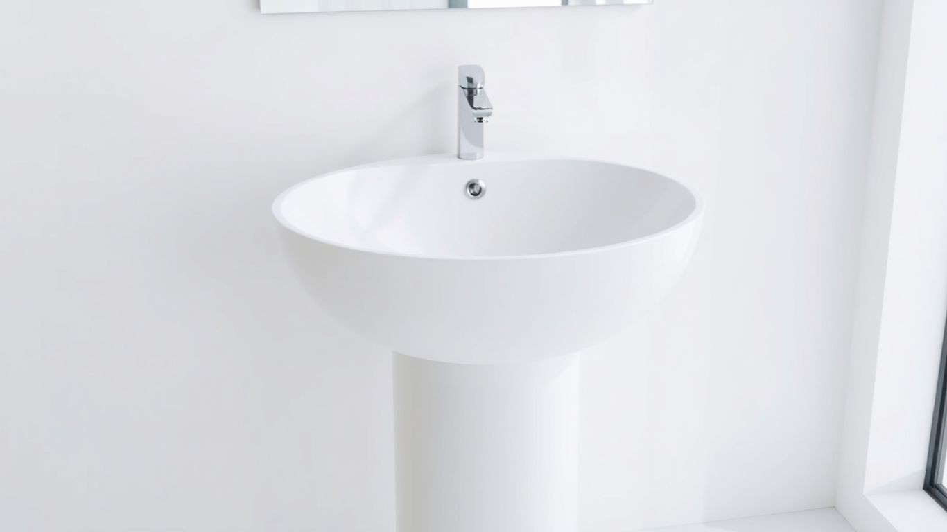 Modern bathroom with white artificial stone pedestal washbasin.