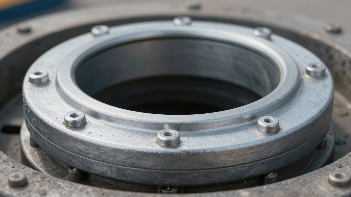 Durable industrial well seal, metallic finish, clean construction.