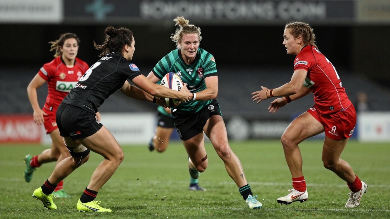 Women's rugby league players in action on the field.