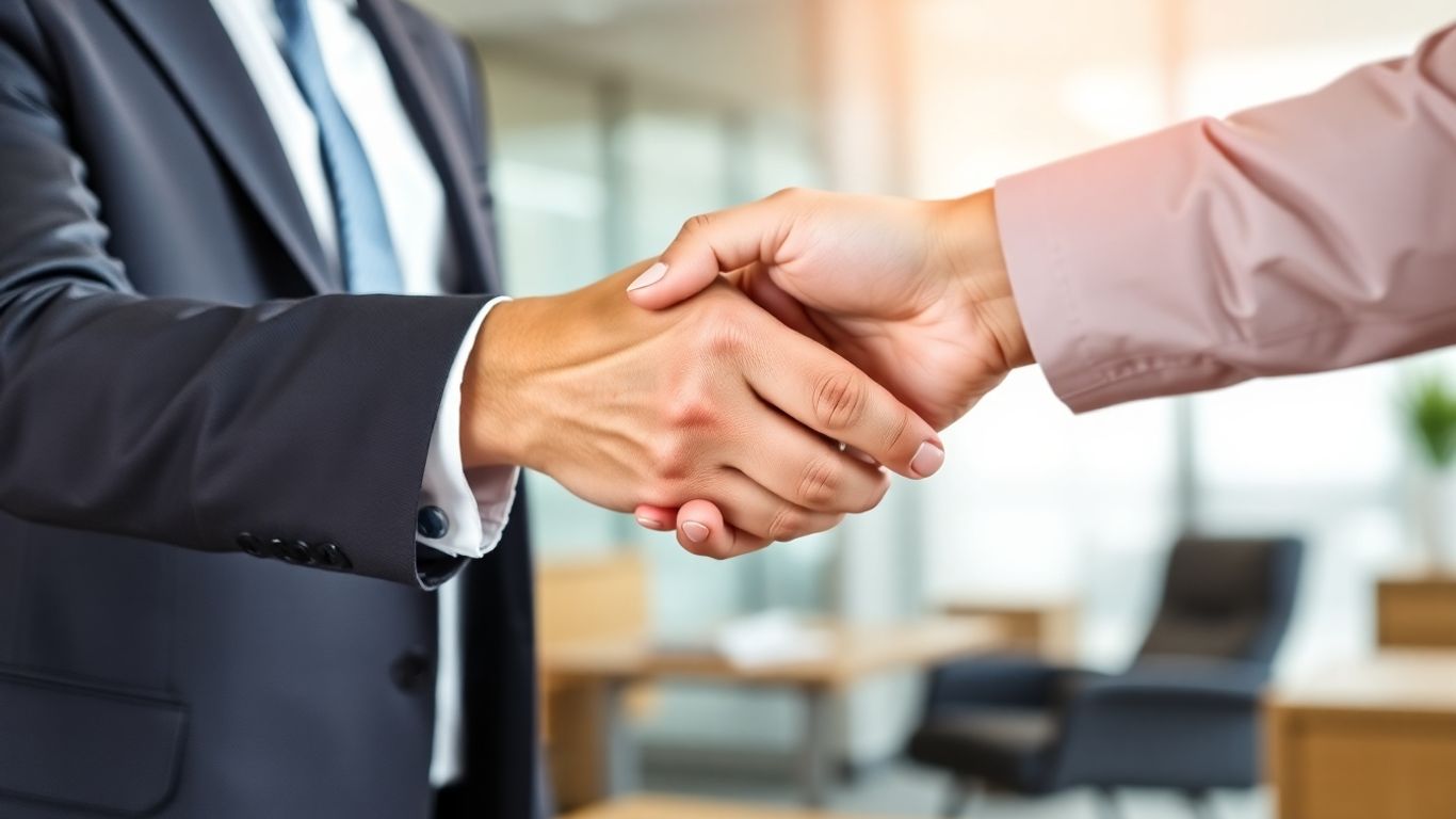 Mâini strângându-se într-un birou, simbolizând un acord legal.