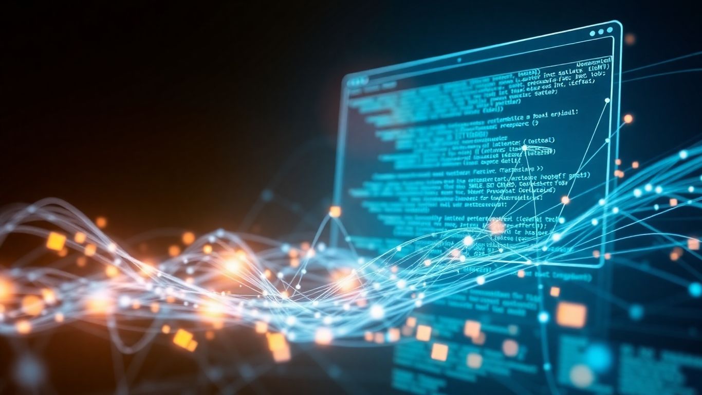 Abstract digital design with interconnected lines and nodes.