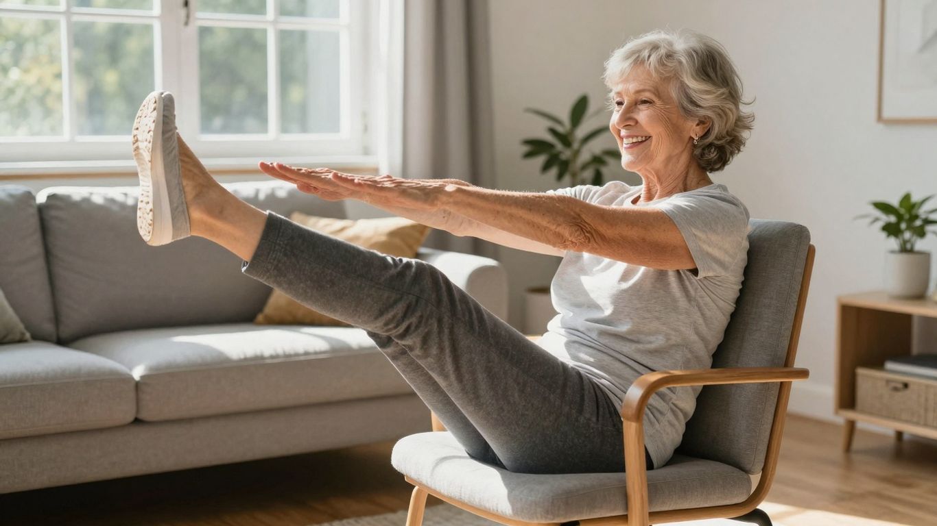 Senior woman doing seated leg lifts for belly fat.
