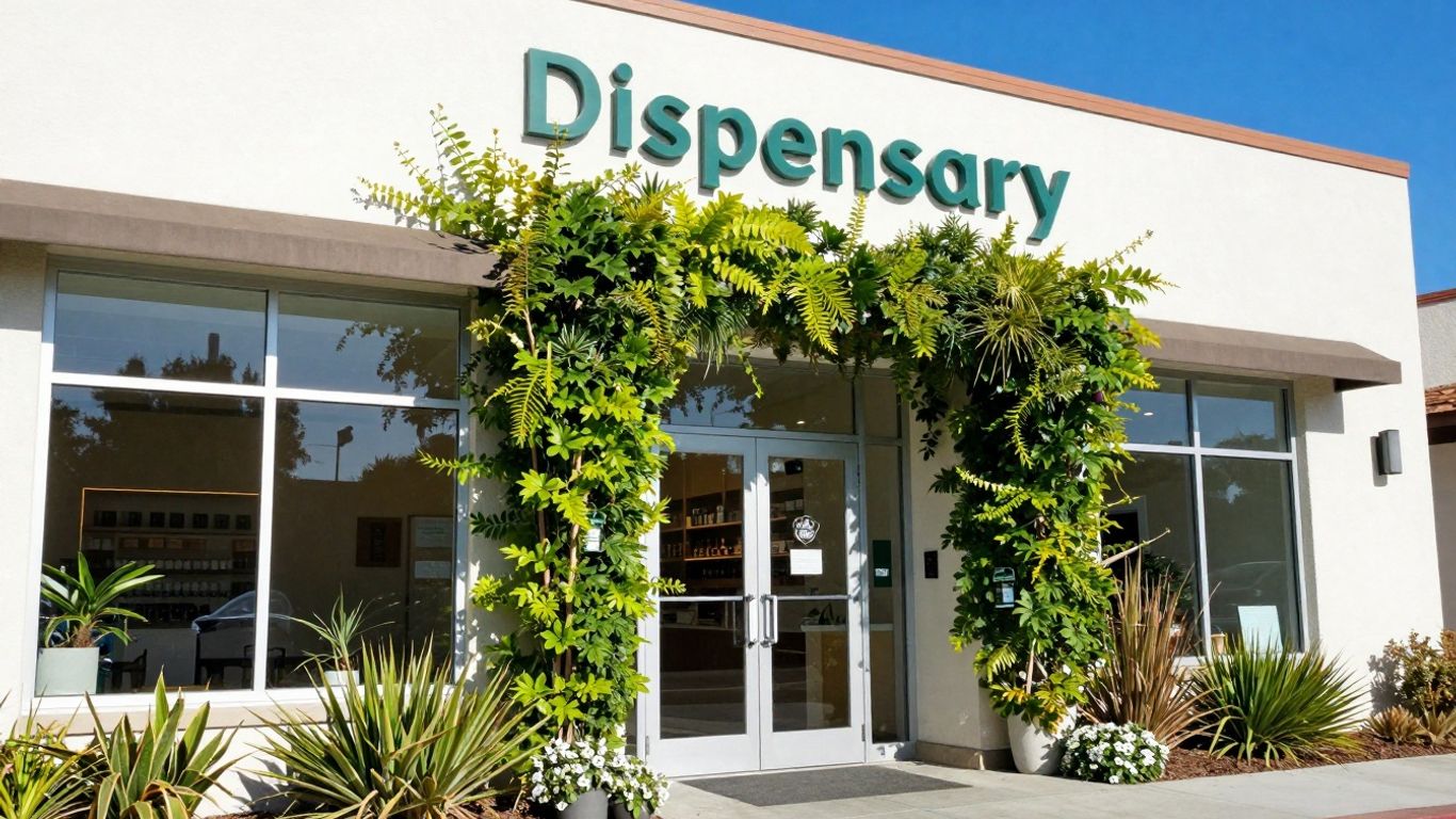 Modern dispensary exterior in Berkeley, California with green plants.