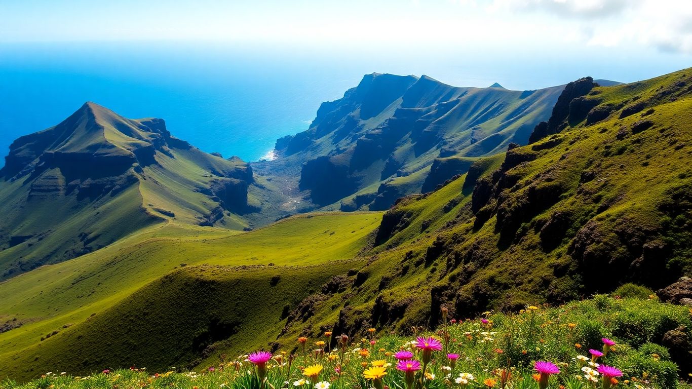 Encostas vulcânicas verdes exuberantes encontrando um oceano azul em La Palma.
