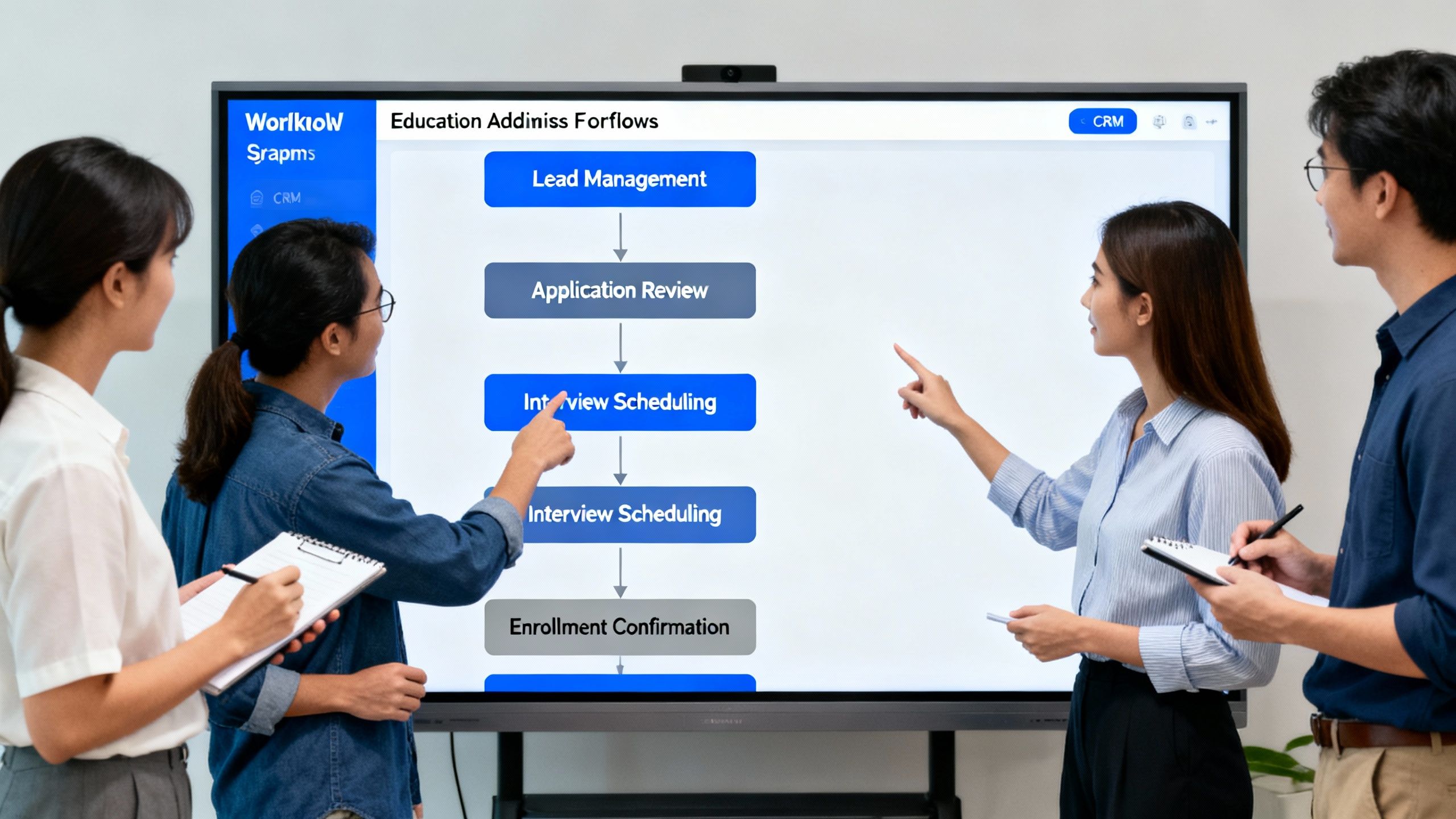 Team coordinating education admissions workflows in a CRM system