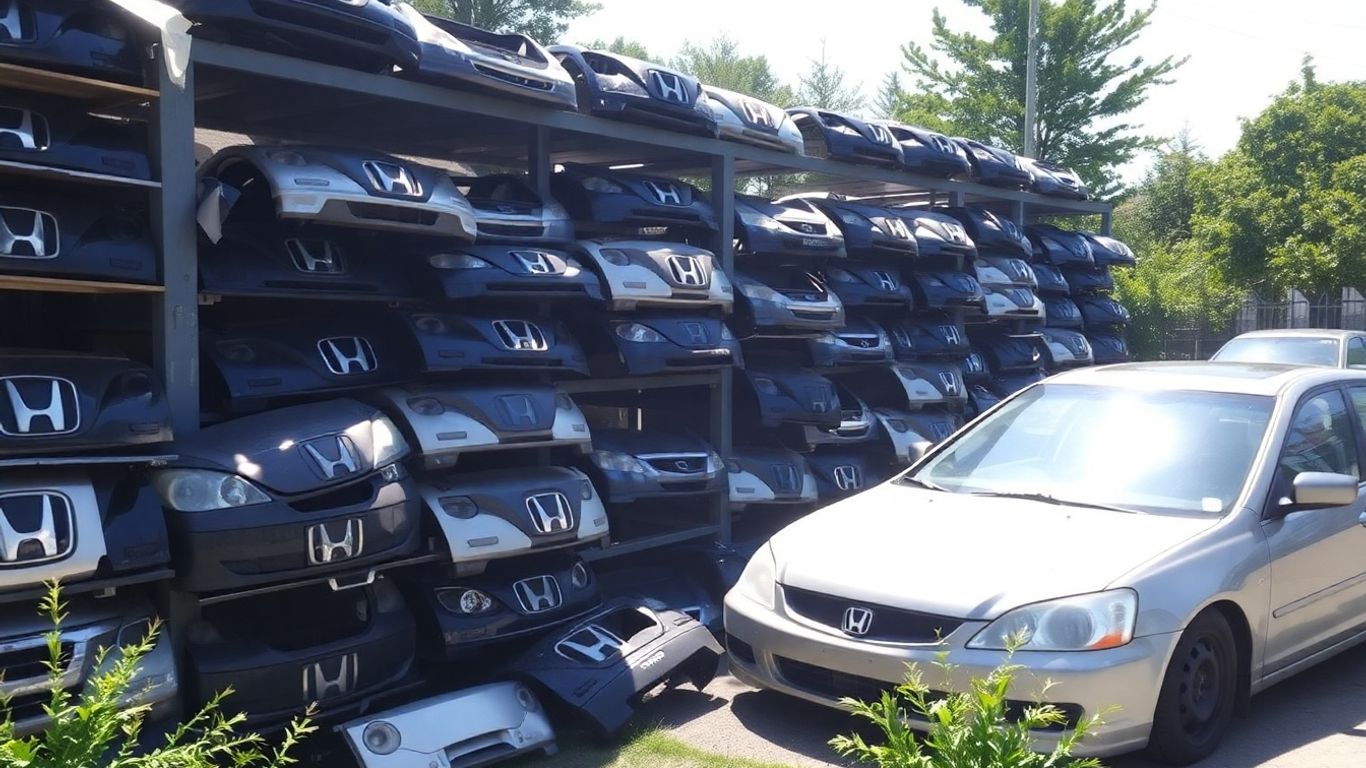 Honda car parts in a clean wrecking yard.