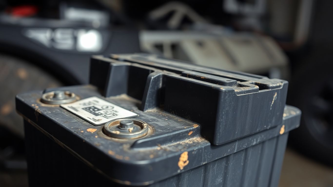 Corroded car battery in a dark garage.