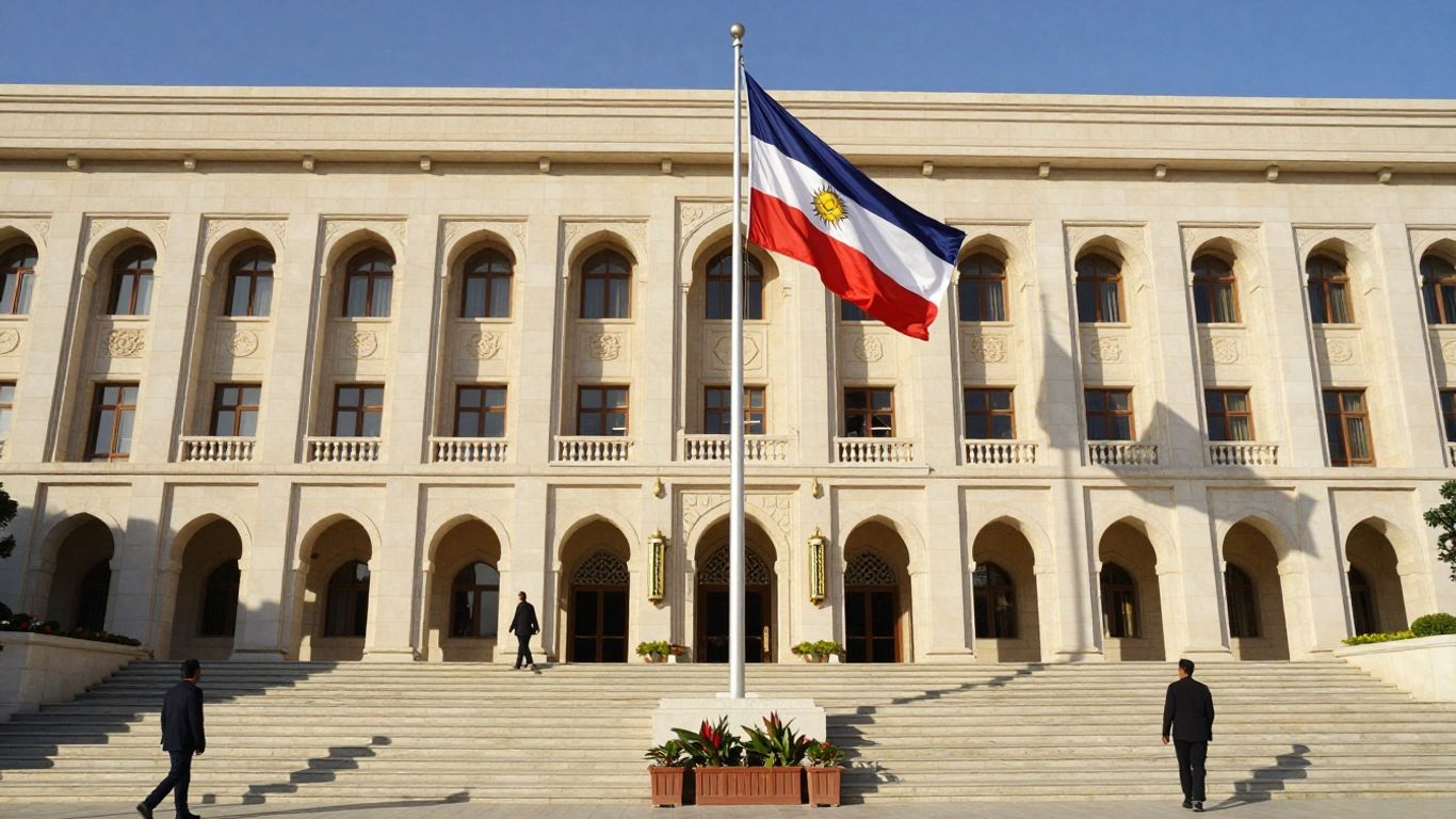 Clădire guvernamentală cu oameni pe trepte.