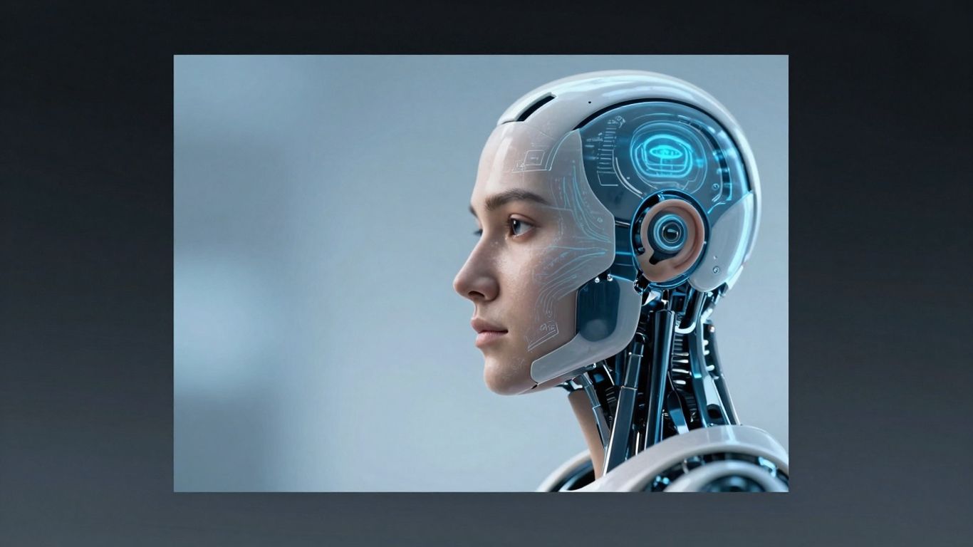 Human face blending into a robotic head, AI language change.