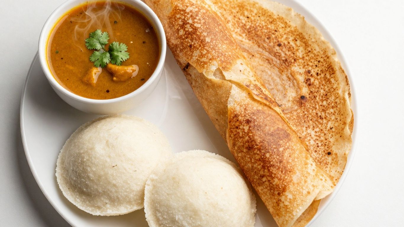 Quick Indian breakfast dishes like idli and dosa.