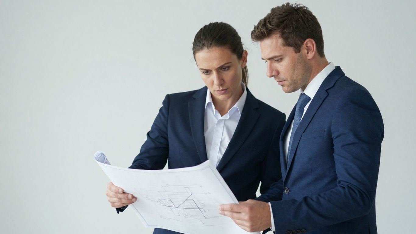 Bauarbeiter besprechen Baupläne auf einer Baustelle.