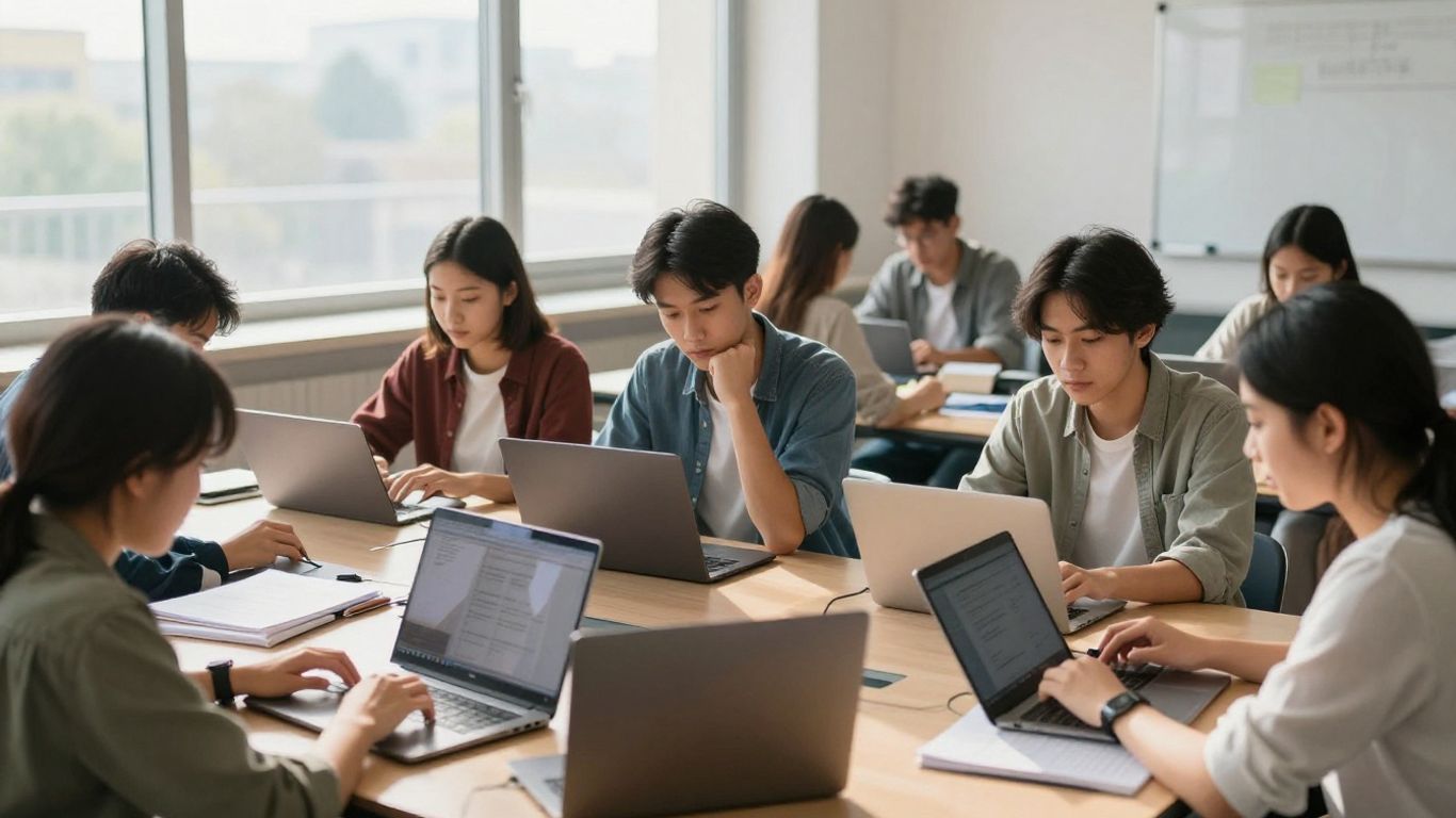 Estudiantes aprendiendo a través de dispositivos en un aula moderna y luminosa.