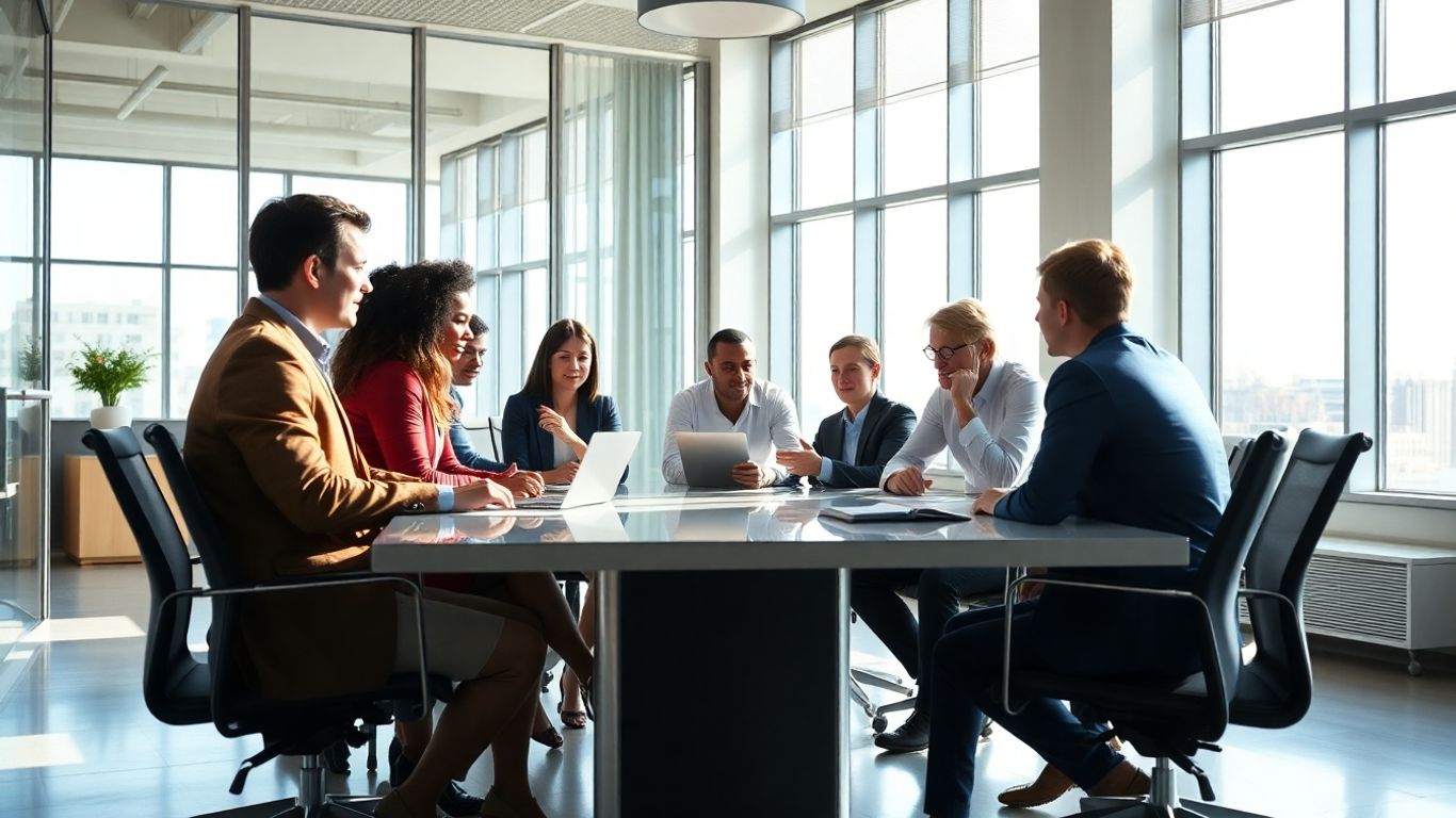 Business professionals collaborating in a bright, modern office.