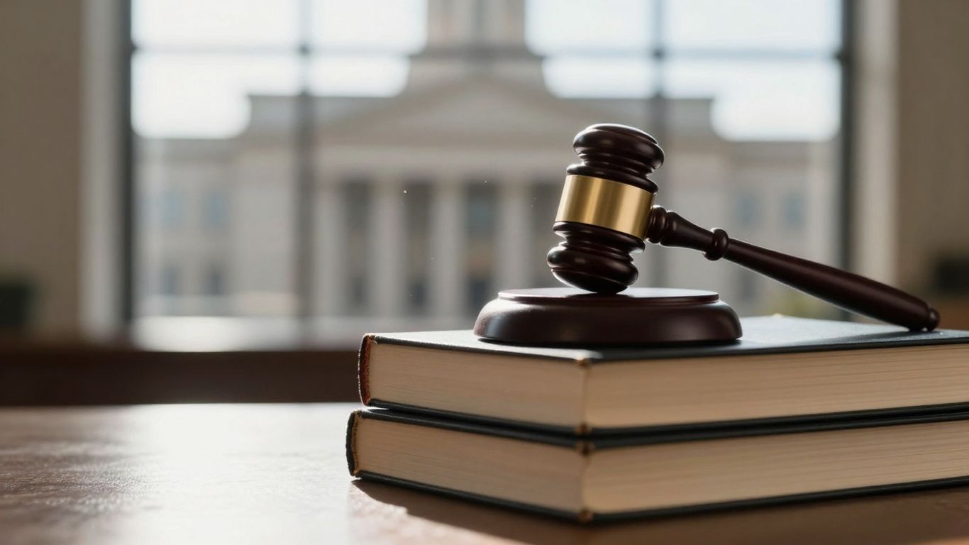 Gavel on legal books with courthouse background.