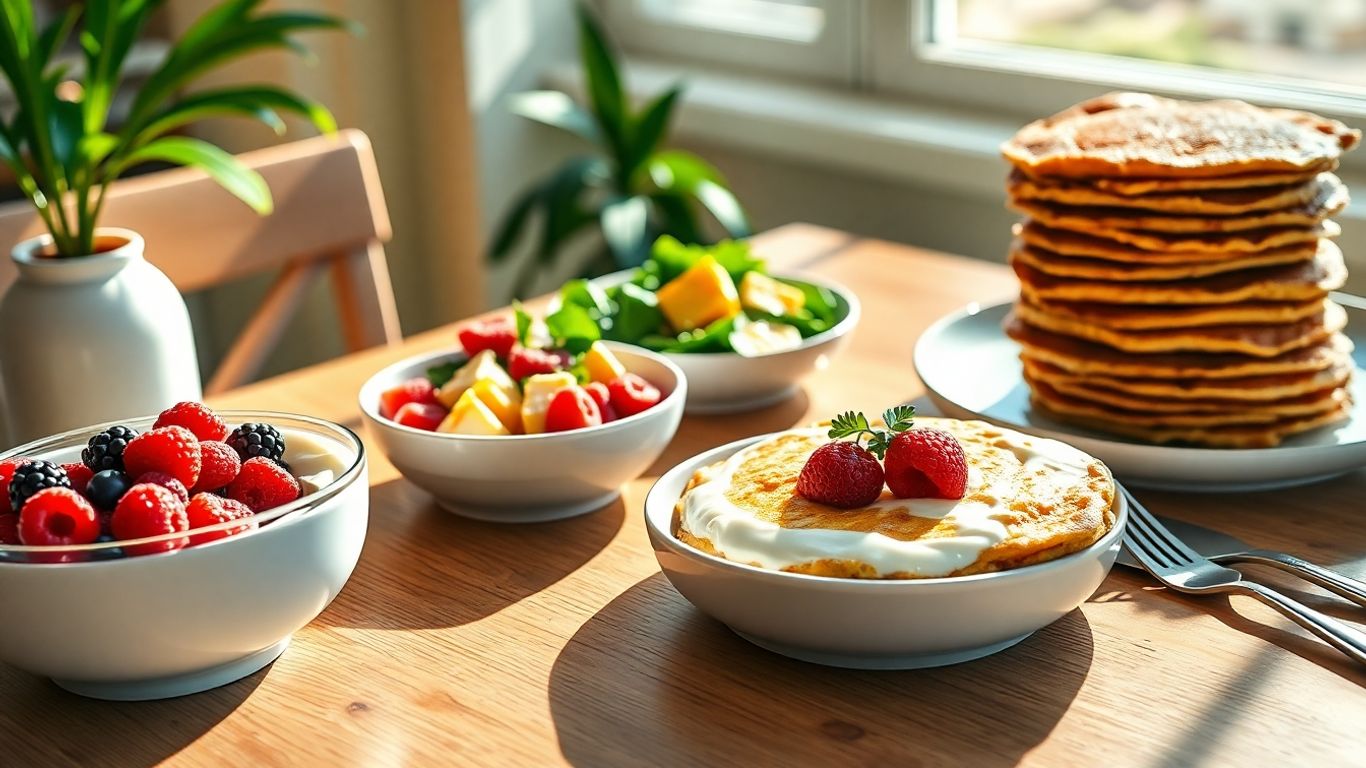 High-protein vegetarian breakfast spread with yogurt, tofu, and pancakes.