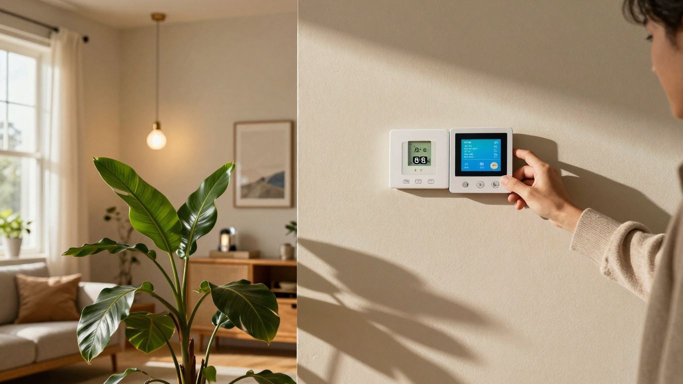 Energieeffizienz im Haushalt steigern: Gemütliches Wohnzimmer mit Thermostat.