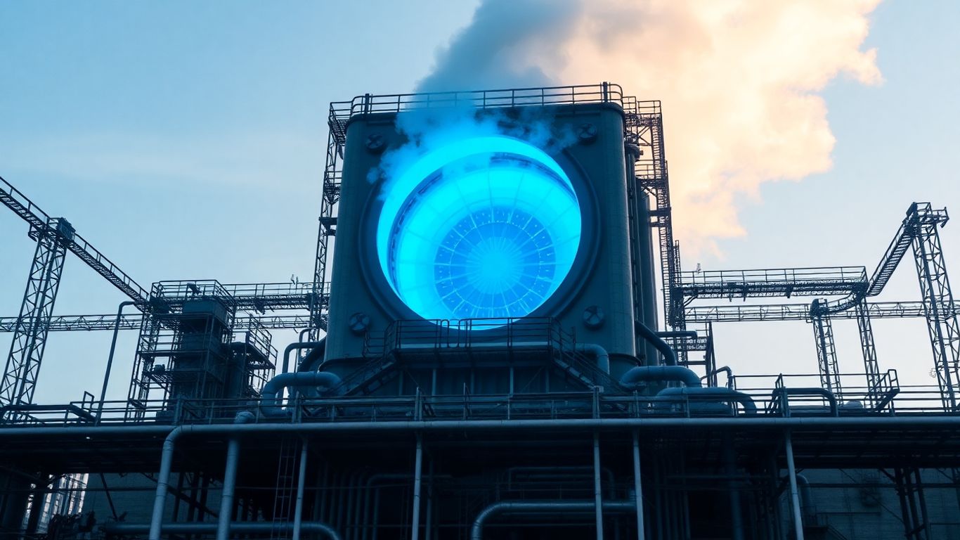 Cœur d'un réacteur nucléaire lumineux et imposant.