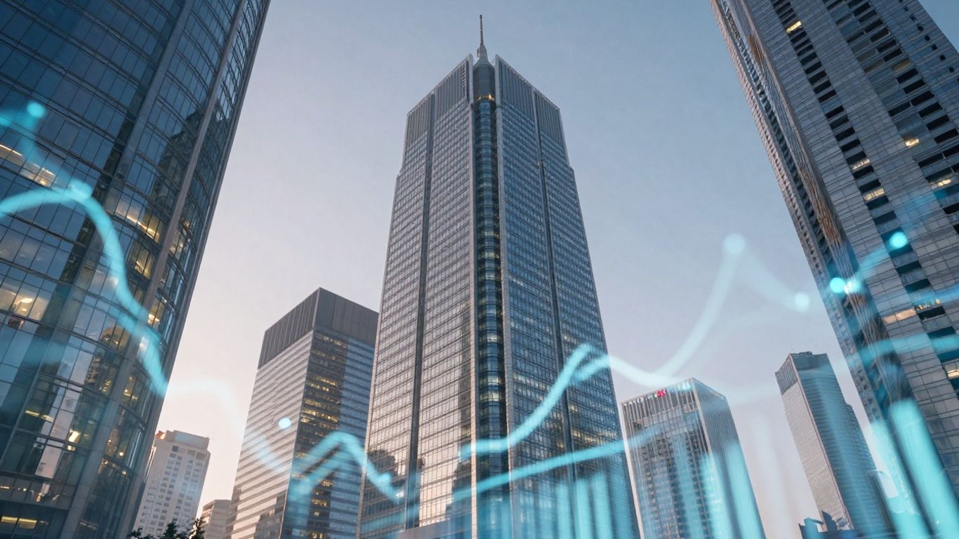 Modern cityscape with glowing digital streams, finance concept.