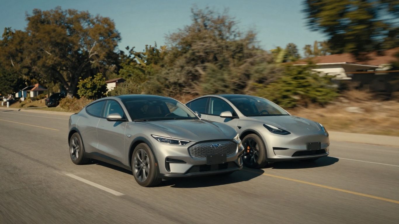 Ford Mustang Mach-E and Tesla Model Y side-by-side.
