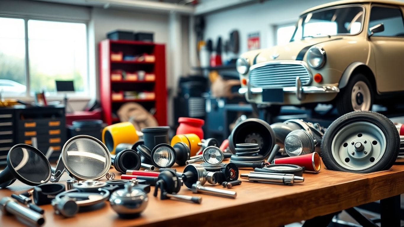 Mini Cooper spare parts arranged on workshop table